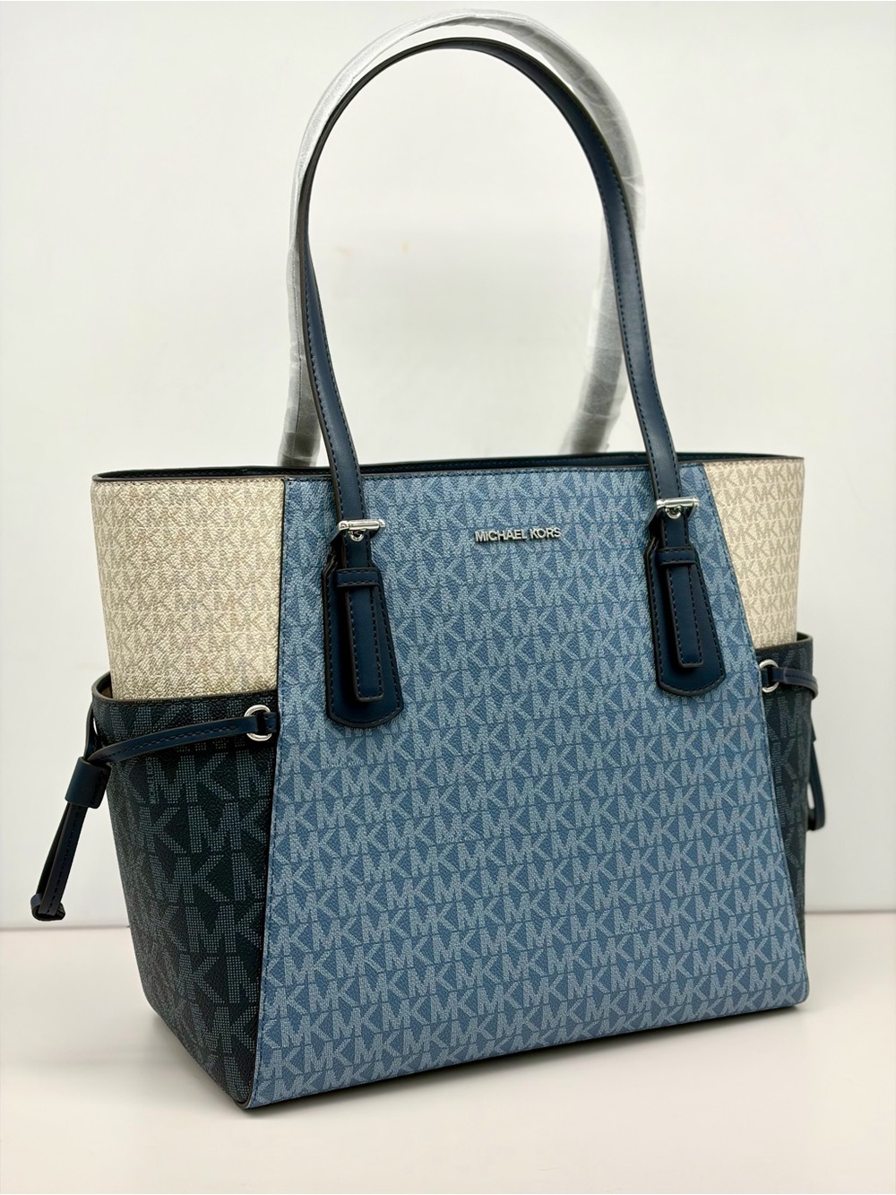 Michael Kors Voyager Large Color-Block Signature Logo Tote Shoulder Bag Denim
